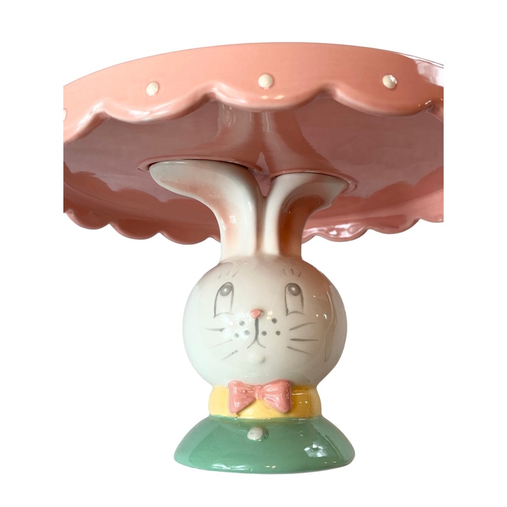 Johanna Parker Transpac Easter Bunny Cupcake Stand Pink Scalloped Ceramic 8 Inch